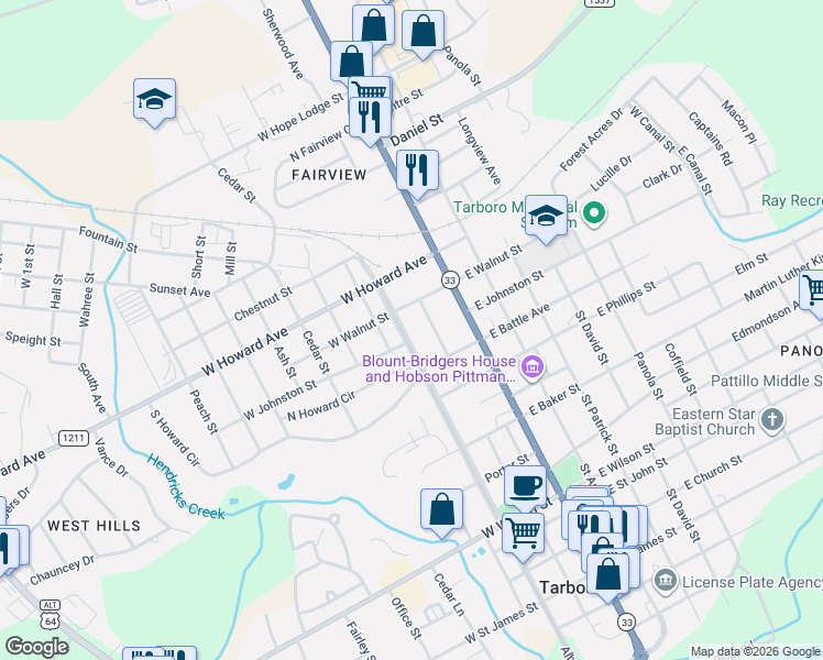 map of restaurants, bars, coffee shops, grocery stores, and more near 207 West Walnut Street in Tarboro