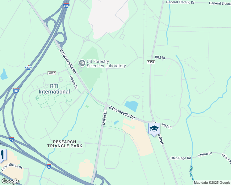 map of restaurants, bars, coffee shops, grocery stores, and more near 3039 East Cornwallis Road in Durham