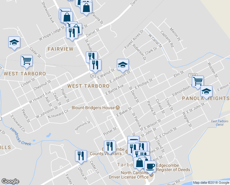 map of restaurants, bars, coffee shops, grocery stores, and more near 1109 Saint Andrew Street in Tarboro