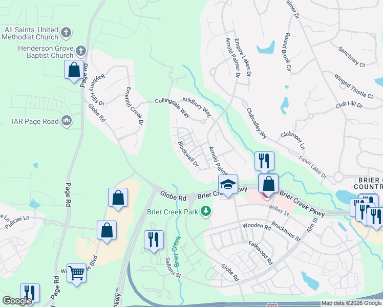 map of restaurants, bars, coffee shops, grocery stores, and more near 9801 Layla Avenue in Raleigh
