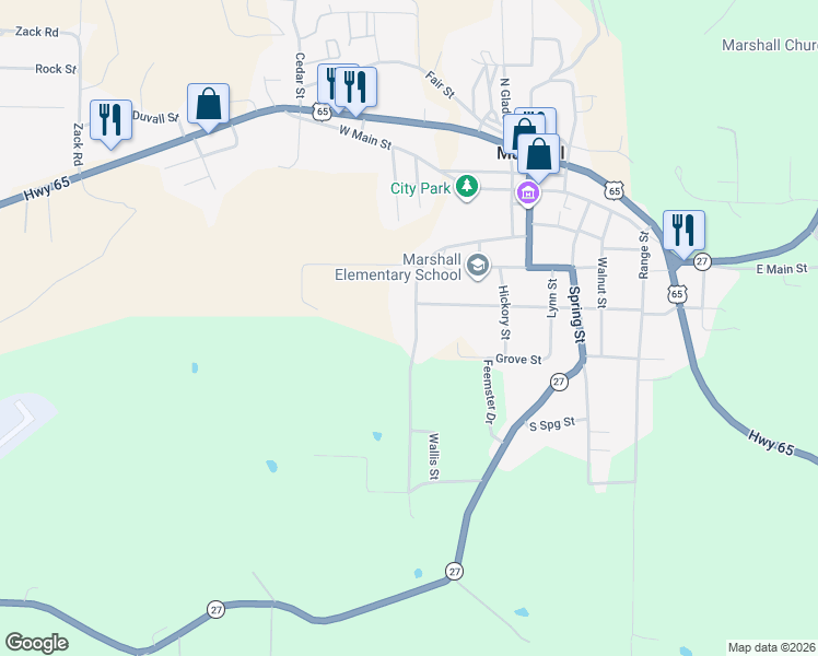 map of restaurants, bars, coffee shops, grocery stores, and more near 506 Canaan Road in Marshall