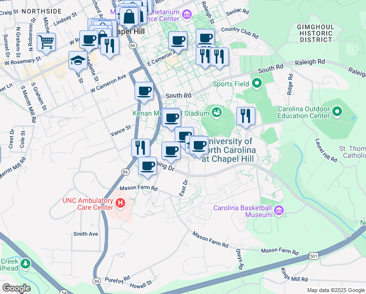 map of restaurants, bars, coffee shops, grocery stores, and more near 101 Manning Drive in Chapel Hill