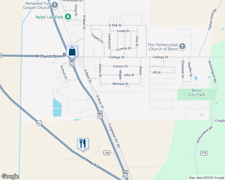 map of restaurants, bars, coffee shops, grocery stores, and more near 120 Redwood Drive in Bono