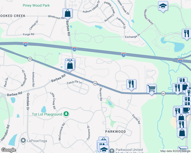 map of restaurants, bars, coffee shops, grocery stores, and more near 1429 North Carolina 54 in Durham