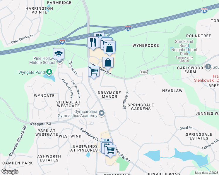 map of restaurants, bars, coffee shops, grocery stores, and more near 13346 Ashford Park Drive in Raleigh