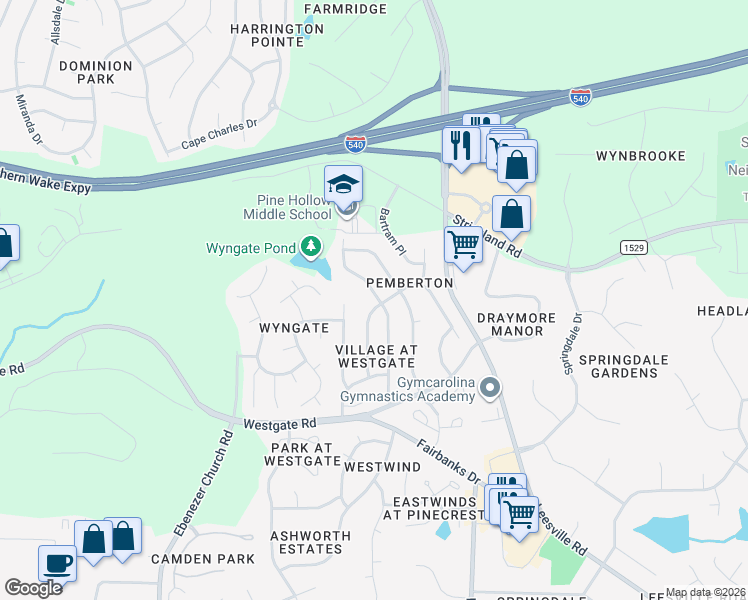 map of restaurants, bars, coffee shops, grocery stores, and more near 9221 Shallcross Way in Raleigh