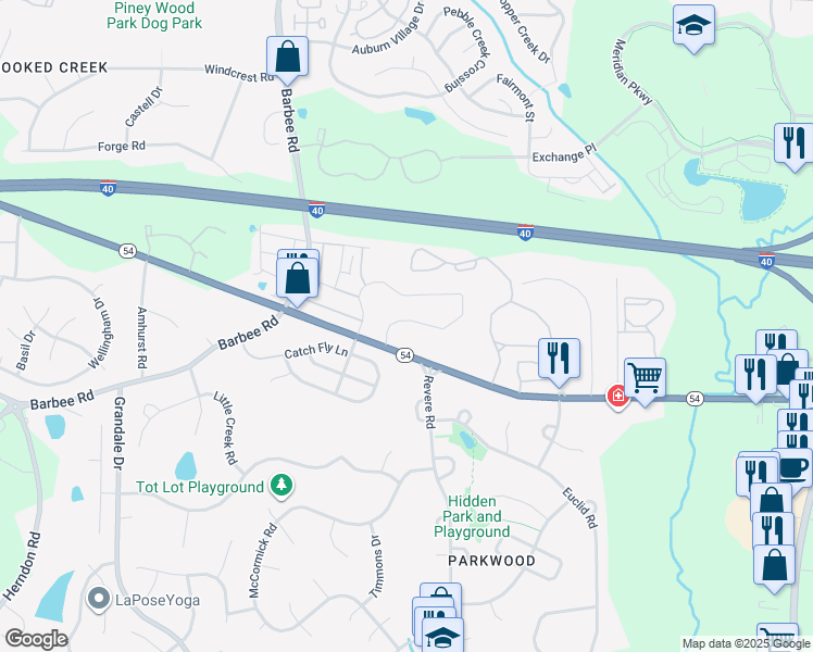 map of restaurants, bars, coffee shops, grocery stores, and more near 1429 North Carolina 54 in Durham