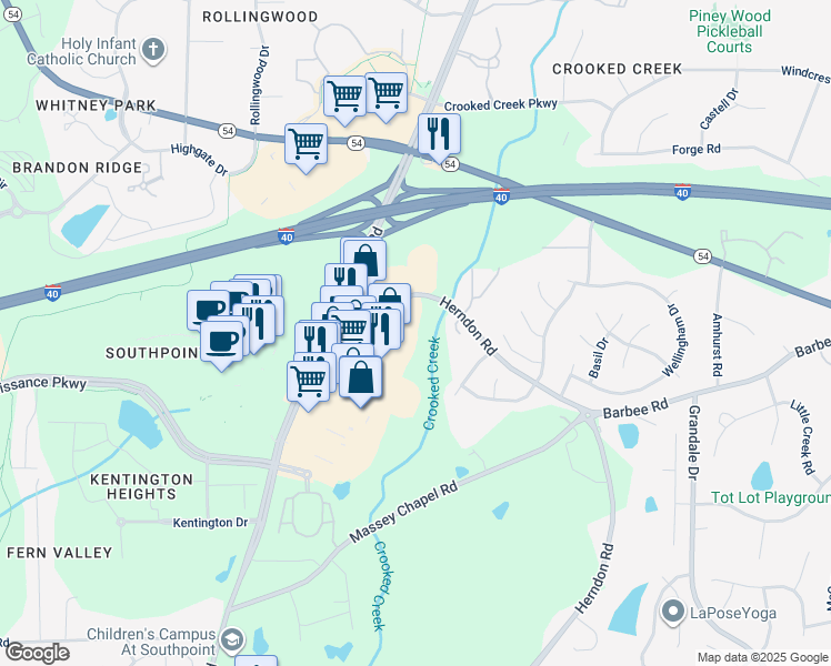 map of restaurants, bars, coffee shops, grocery stores, and more near 6330 Herndon Road in Durham