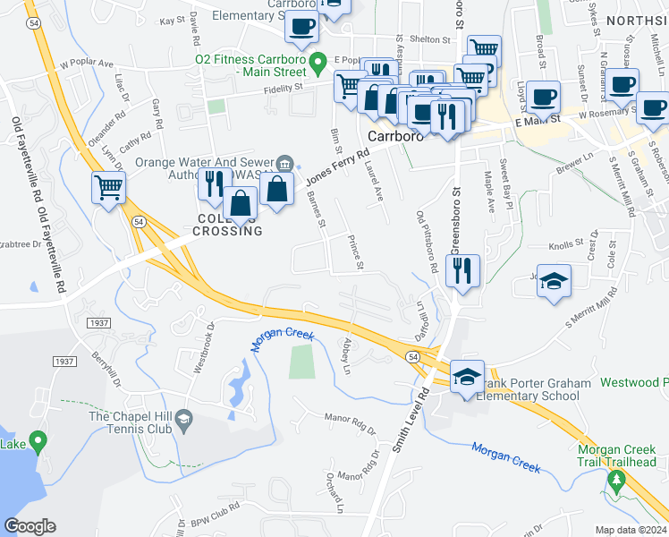 map of restaurants, bars, coffee shops, grocery stores, and more near 207 Barnes Street in Carrboro