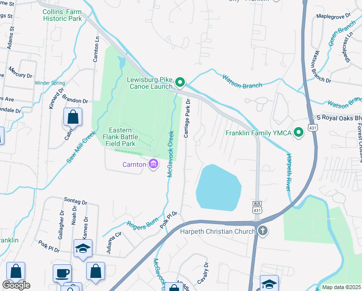 map of restaurants, bars, coffee shops, grocery stores, and more near 1209 Carriage Park Drive in Franklin