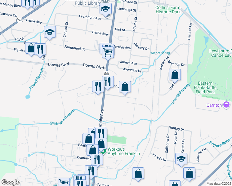 map of restaurants, bars, coffee shops, grocery stores, and more near 104 Carr Avenue in Franklin