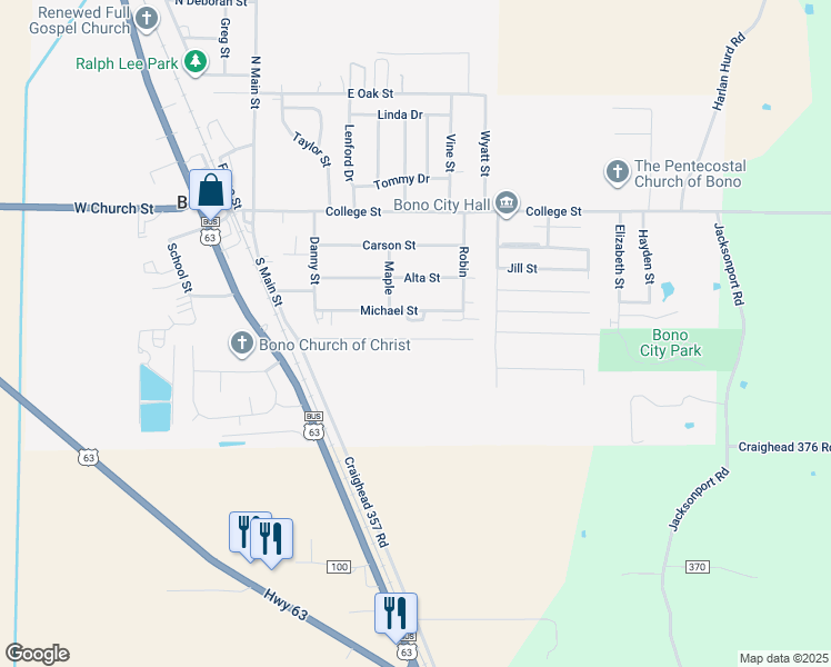 map of restaurants, bars, coffee shops, grocery stores, and more near 303 Michael Street in Bono