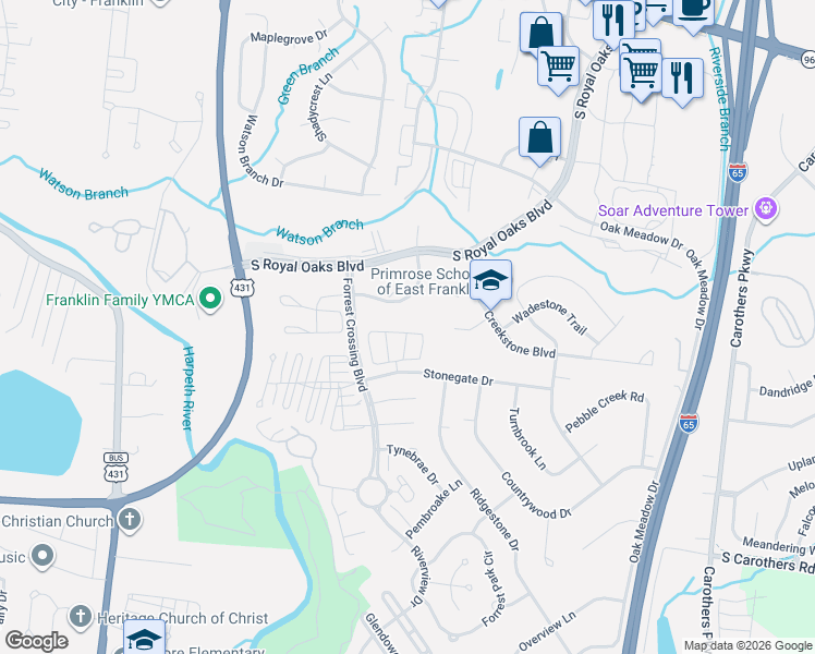 map of restaurants, bars, coffee shops, grocery stores, and more near 217 Bedford Way in Franklin