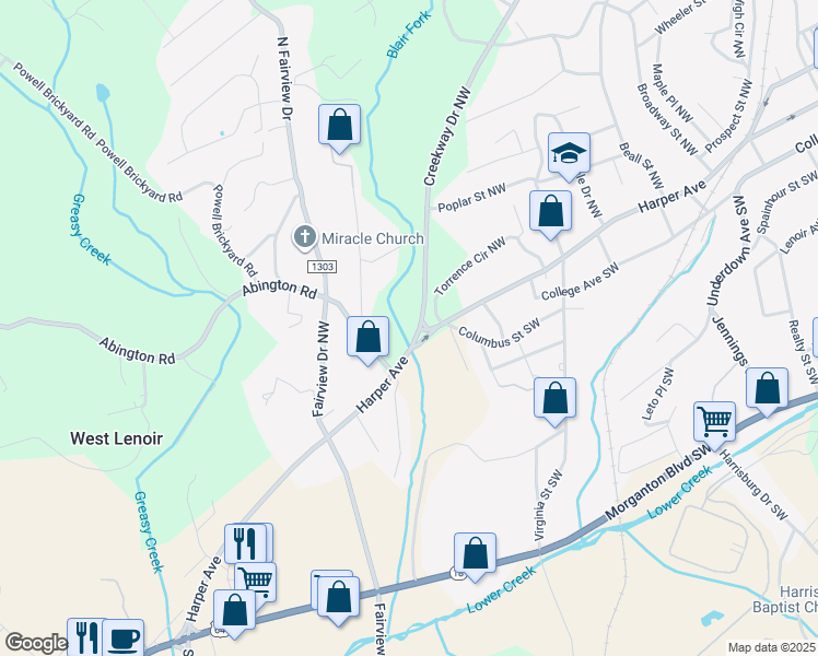 map of restaurants, bars, coffee shops, grocery stores, and more near 546 Harper Avenue in Lenoir
