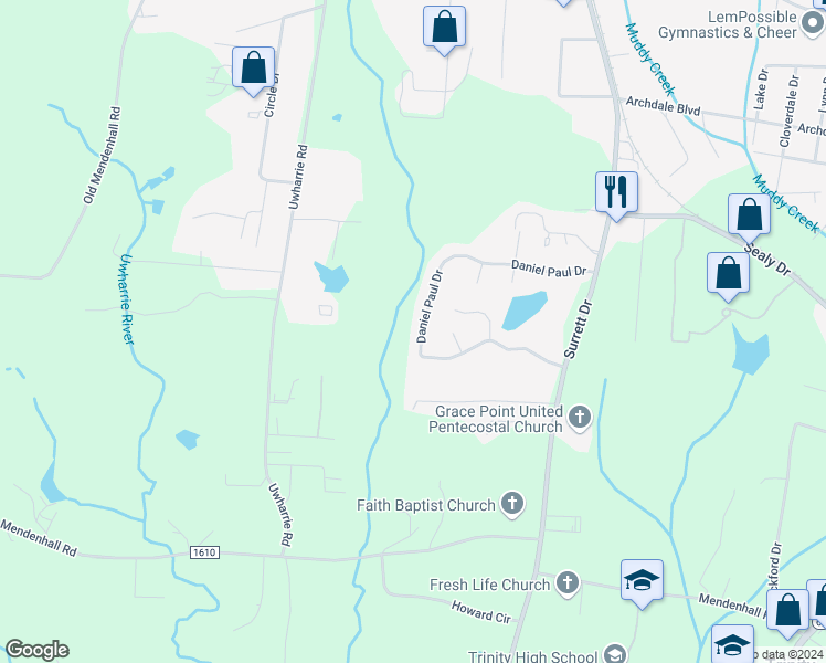 map of restaurants, bars, coffee shops, grocery stores, and more near 321 Daniel Paul Drive in Archdale