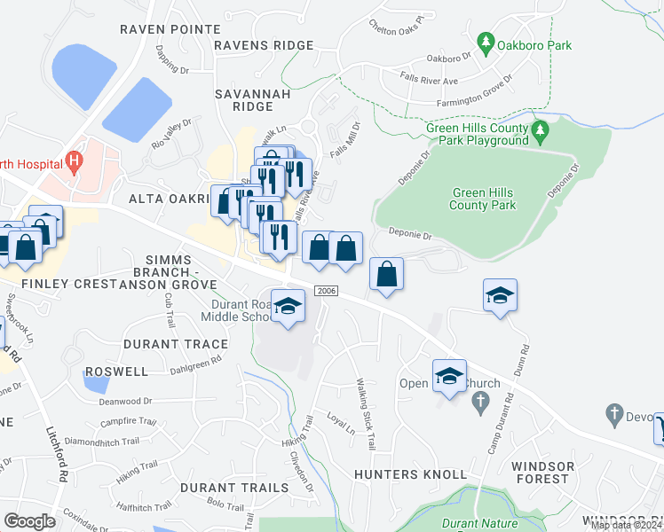 map of restaurants, bars, coffee shops, grocery stores, and more near 10240 Durant Road in Raleigh