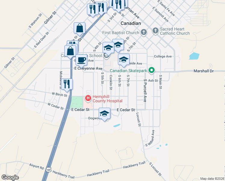 map of restaurants, bars, coffee shops, grocery stores, and more near 801-899 Conklin Street in Canadian