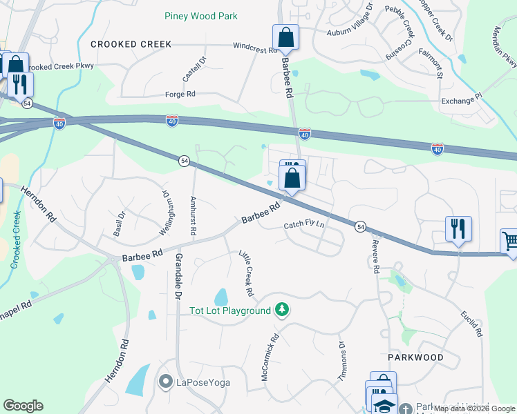 map of restaurants, bars, coffee shops, grocery stores, and more near 1002 North Carolina 54 in Durham