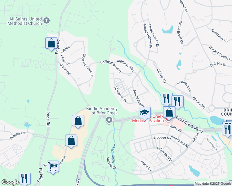 map of restaurants, bars, coffee shops, grocery stores, and more near 9907 Clyborn Court in Raleigh