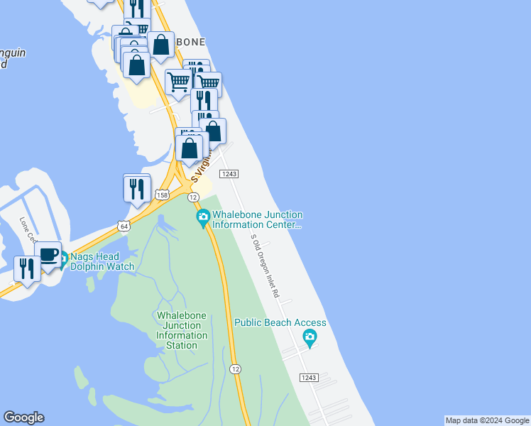 map of restaurants, bars, coffee shops, grocery stores, and more near 8103 South Old Oregon Inlet Road in Nags Head