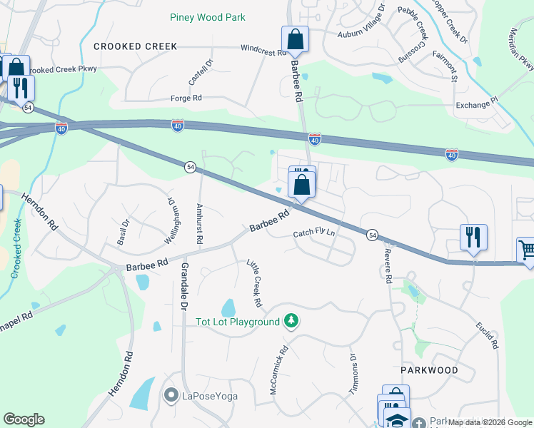map of restaurants, bars, coffee shops, grocery stores, and more near 1002 North Carolina 54 in Durham
