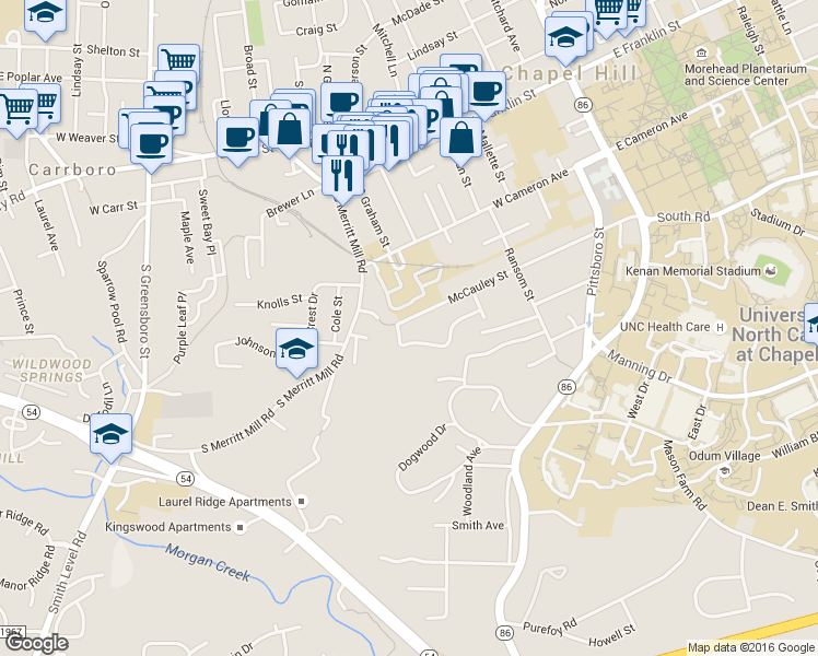 map of restaurants, bars, coffee shops, grocery stores, and more near in Chapel Hill