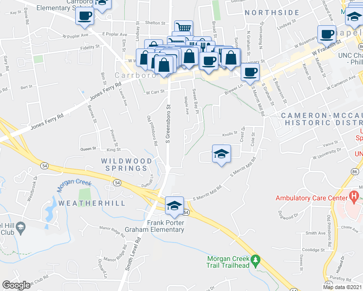 map of restaurants, bars, coffee shops, grocery stores, and more near 200 Purple Leaf Place in Carrboro