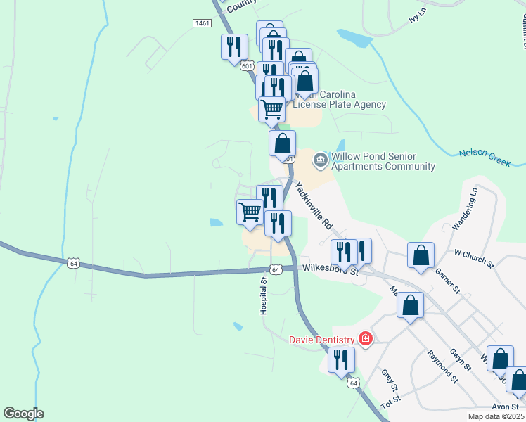 map of restaurants, bars, coffee shops, grocery stores, and more near in Mocksville