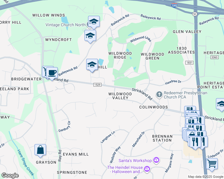 map of restaurants, bars, coffee shops, grocery stores, and more near 11805 Strickland Road in Raleigh