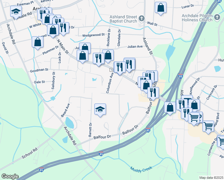 map of restaurants, bars, coffee shops, grocery stores, and more near 123 Columbus Avenue in Archdale
