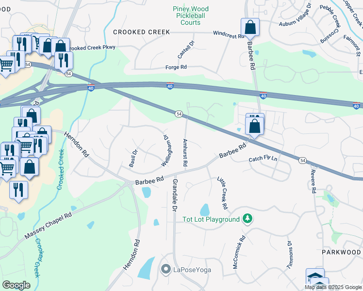 map of restaurants, bars, coffee shops, grocery stores, and more near 6404 Amhurst Road in Durham