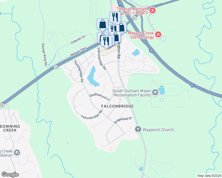 map of restaurants, bars, coffee shops, grocery stores, and more near 6500 Falconbridge Road in Chapel Hill