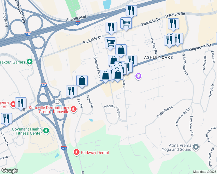 map of restaurants, bars, coffee shops, grocery stores, and more near 9700 Kingston Pike in Knoxville