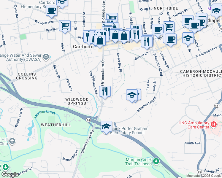 map of restaurants, bars, coffee shops, grocery stores, and more near 200 Purple Leaf Place in Carrboro