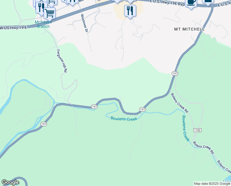 map of restaurants, bars, coffee shops, grocery stores, and more near 1366 North Carolina 197 in Burnsville