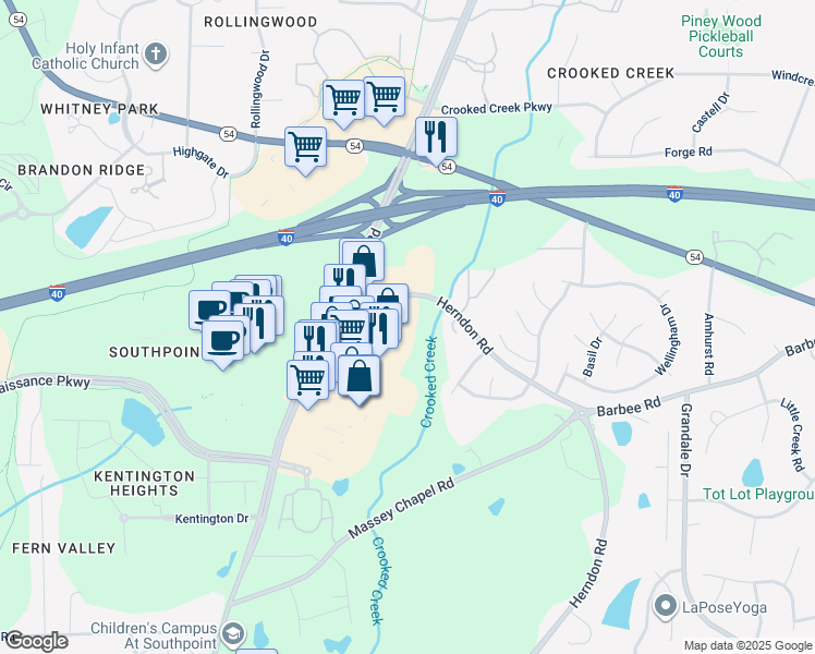 map of restaurants, bars, coffee shops, grocery stores, and more near 6330 Herndon Road in Durham