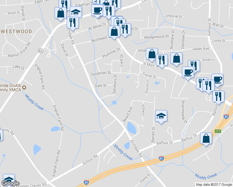 map of restaurants, bars, coffee shops, grocery stores, and more near 3907 Salisbury Street in Archdale