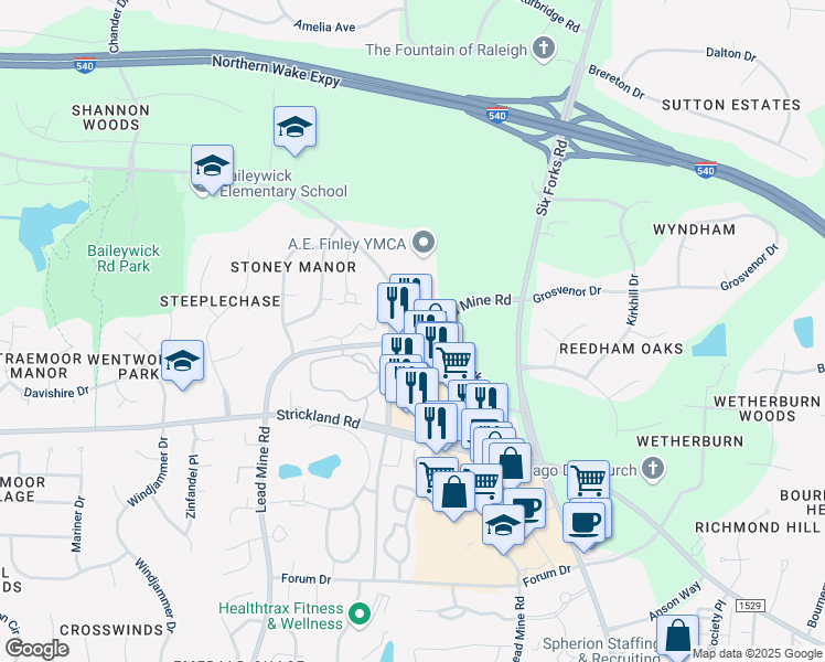 map of restaurants, bars, coffee shops, grocery stores, and more near 8801 Lead Mine Road in Raleigh
