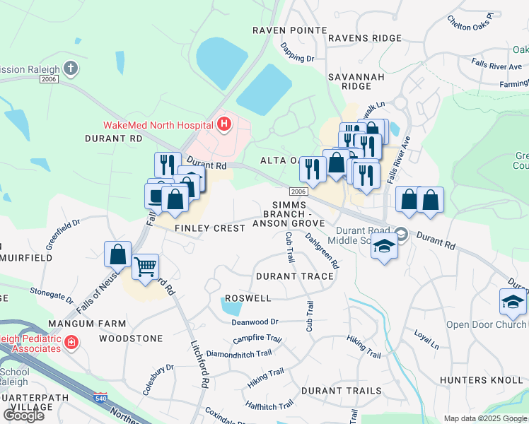 map of restaurants, bars, coffee shops, grocery stores, and more near 9500 Meadowmont Lane in Raleigh