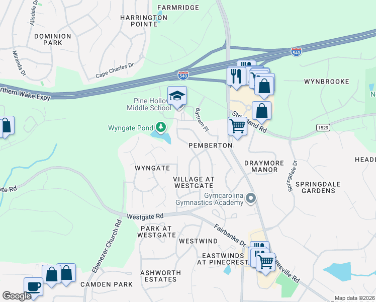 map of restaurants, bars, coffee shops, grocery stores, and more near 9221 Shallcross Way in Raleigh