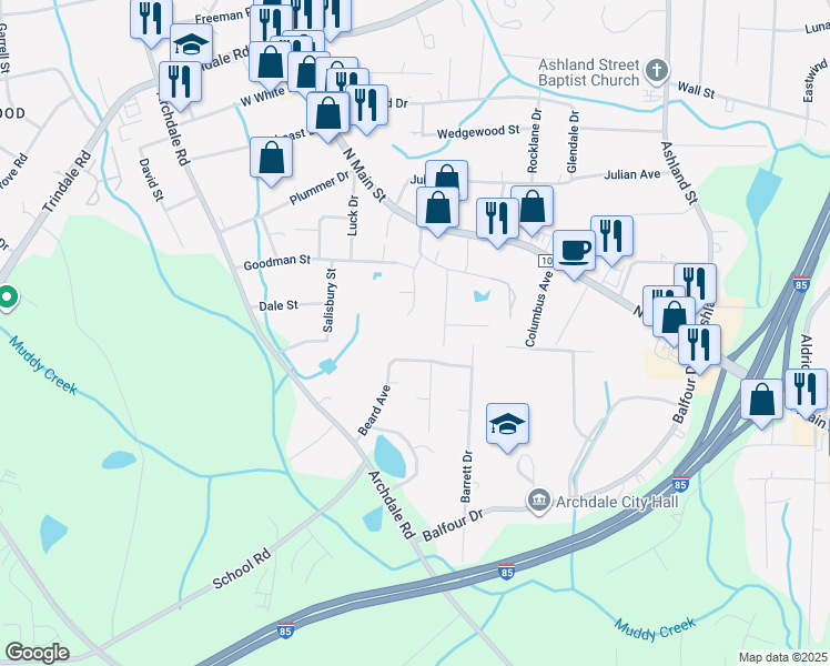 map of restaurants, bars, coffee shops, grocery stores, and more near 608 Brittany Way in Archdale
