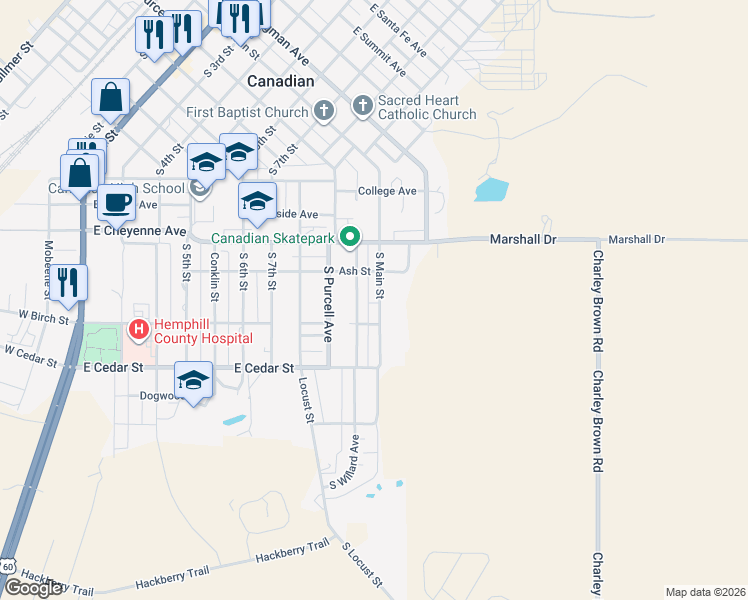 map of restaurants, bars, coffee shops, grocery stores, and more near 1409 Willard Avenue in Canadian