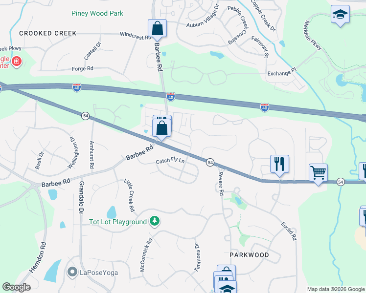 map of restaurants, bars, coffee shops, grocery stores, and more near 1022 Laceflower Drive in Durham