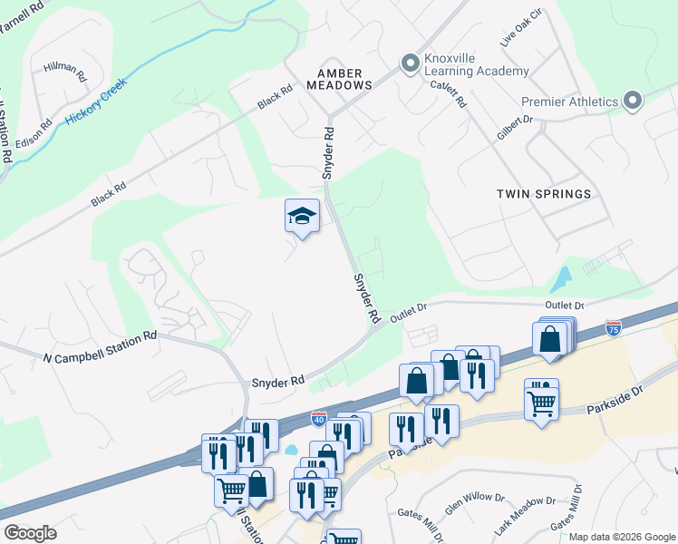 map of restaurants, bars, coffee shops, grocery stores, and more near 11621 Snyder Road in Knoxville