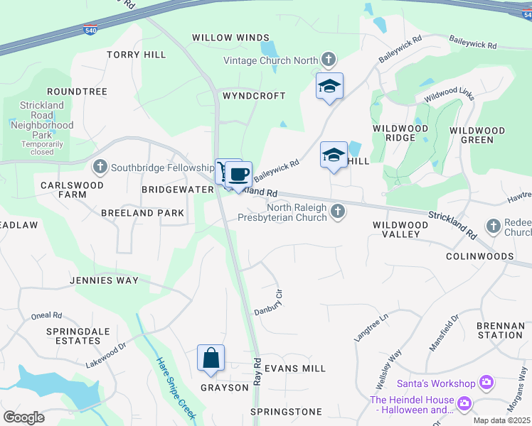 map of restaurants, bars, coffee shops, grocery stores, and more near 12203 Strickland Road in Raleigh