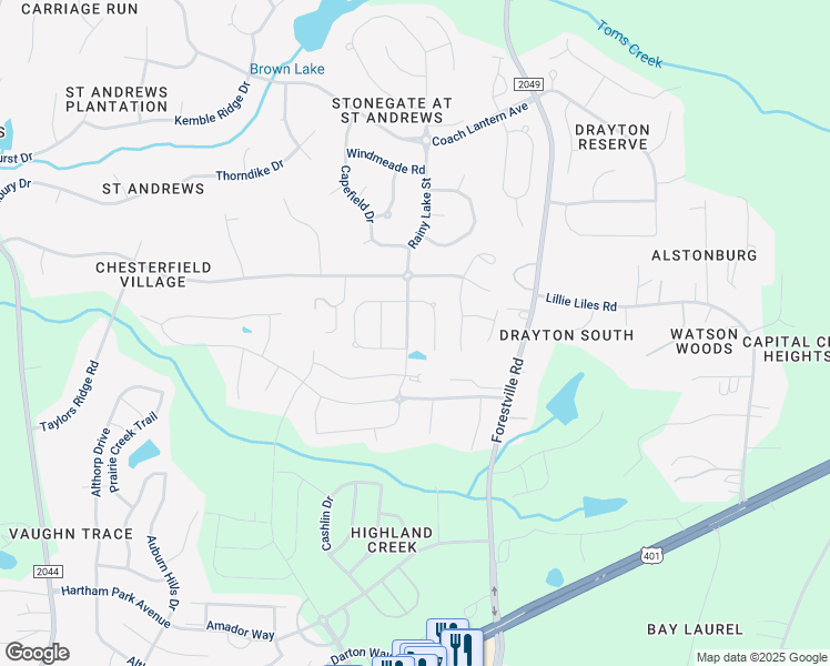 map of restaurants, bars, coffee shops, grocery stores, and more near 2429 Rainy Lake Street in Wake Forest