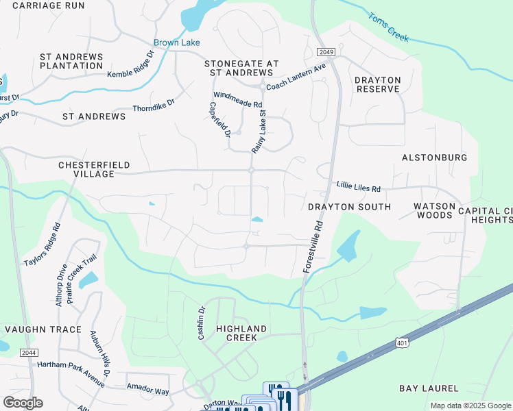 map of restaurants, bars, coffee shops, grocery stores, and more near 2429 Rainy Lake Street in Wake Forest