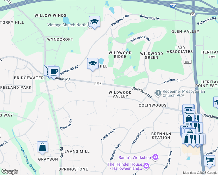 map of restaurants, bars, coffee shops, grocery stores, and more near 11805 Strickland Road in Raleigh