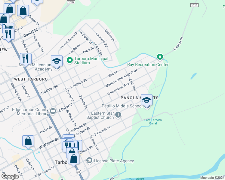 map of restaurants, bars, coffee shops, grocery stores, and more near 818 Edmondson Avenue in Tarboro