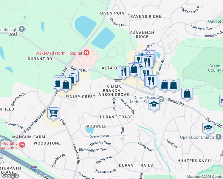 map of restaurants, bars, coffee shops, grocery stores, and more near 9509 Cub Trail in Raleigh